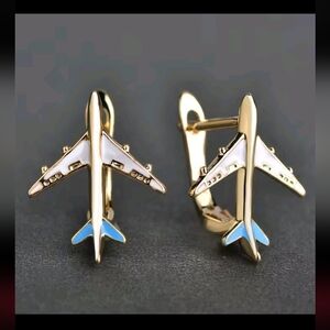 Gold and Blue Airplane Small Earrings
